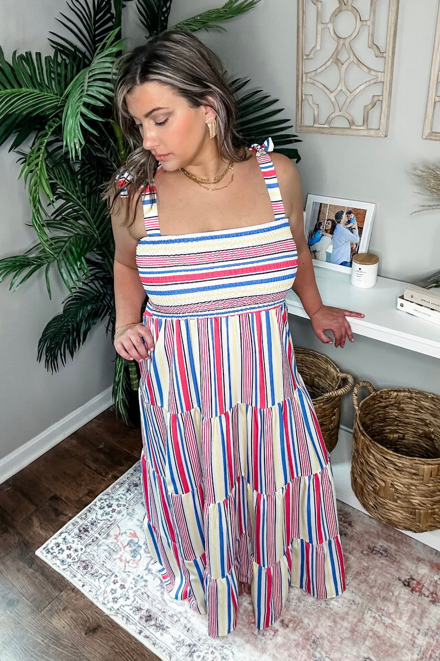 Striped Tie-Shoulder Smocked Tiered Dress