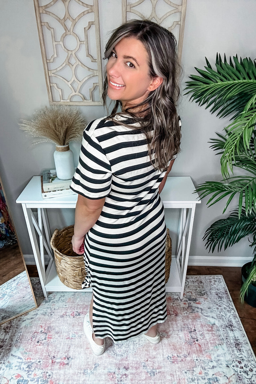 Striped V-Neck Short Sleeve Side Slit Dress