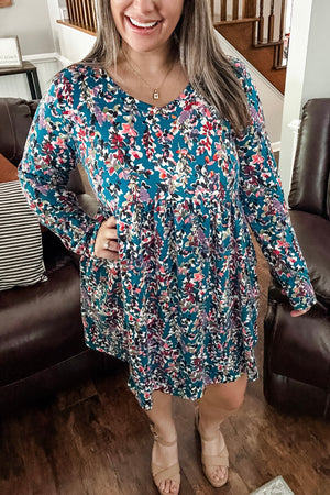 Fall Floral Teal Dress