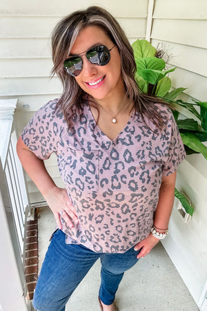 Leopard V-Neck Tee with Pocket