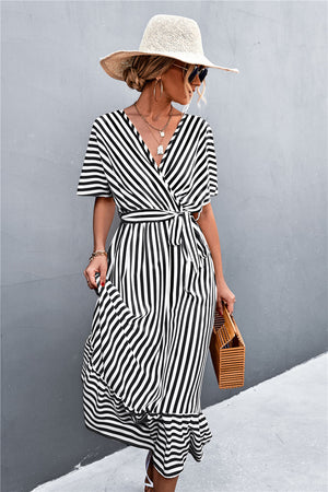 Striped Tie Belt Midi Dress ( Yellow )