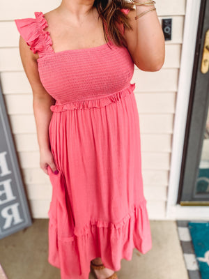 Coral Ruffle Strap Midi