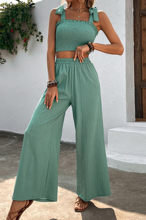 Tie Shoulder Smocked Wide Leg Pants Set (3 Colors)