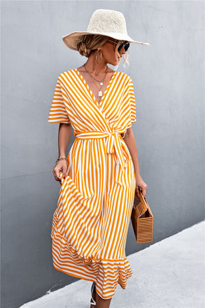 Striped Tie Belt Midi Dress ( Yellow )