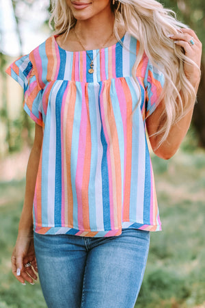 Multi Stripe Flutter Sleeve Blouse