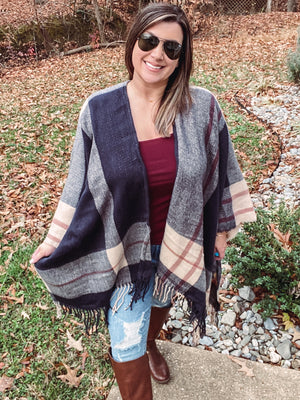 Navy Plaid Blanket Cardi