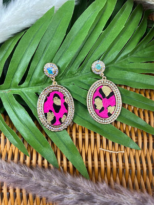 Oval Fuchsia Leop Earrings