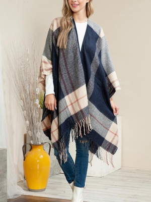 Navy Plaid Blanket Cardi