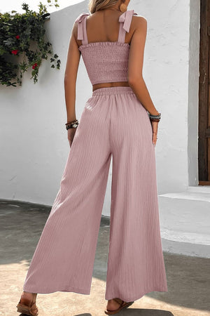 Tie Shoulder Smocked Wide Leg Pants Set (3 Colors)