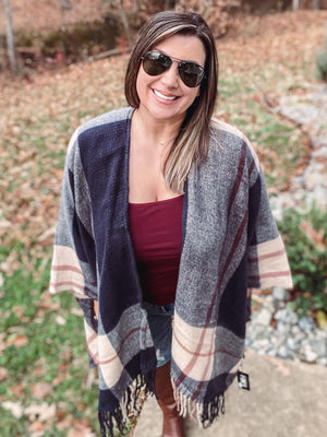 Navy Plaid Blanket Cardi