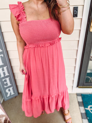 Coral Ruffle Strap Midi