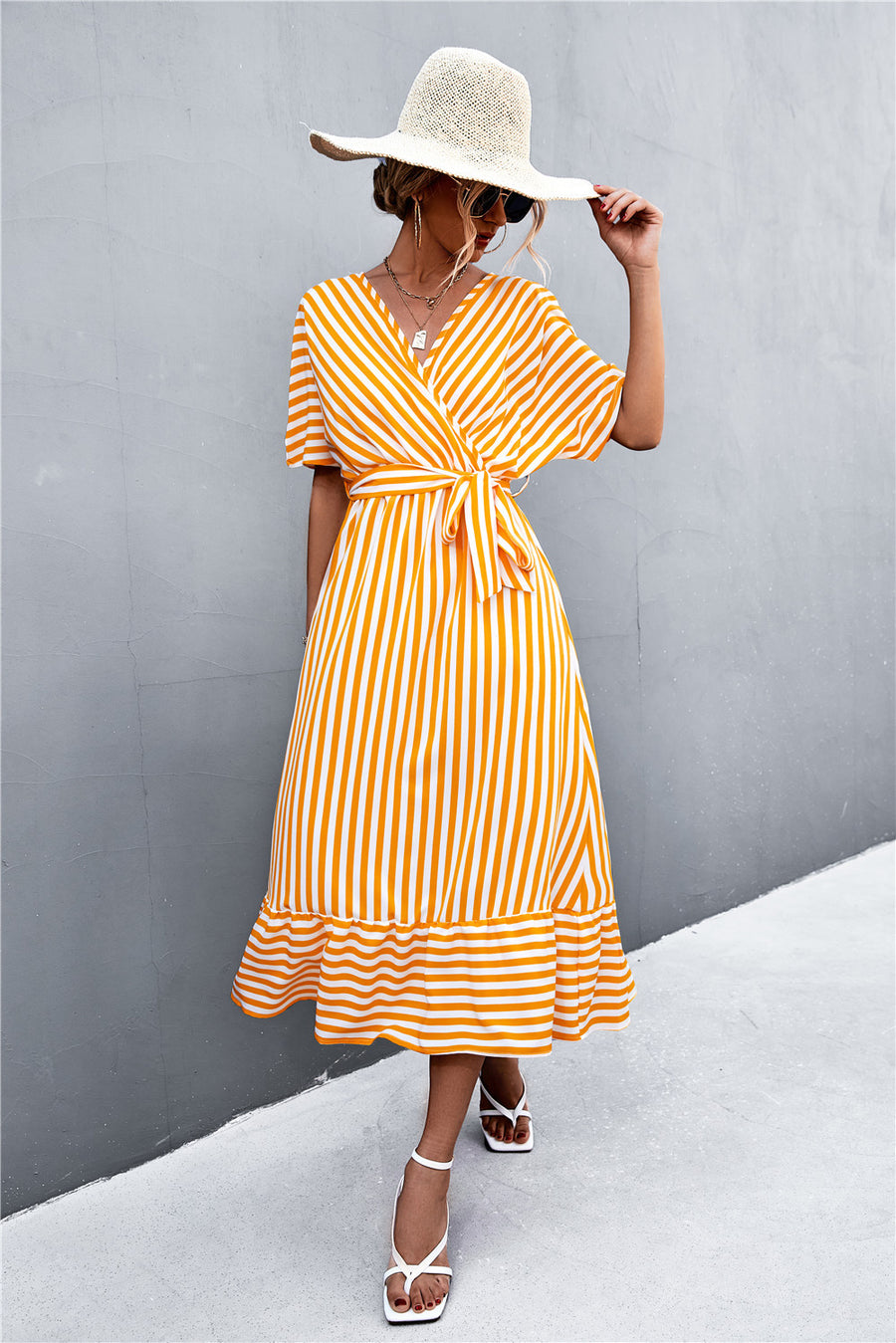 Striped Tie Belt Midi Dress ( Yellow )