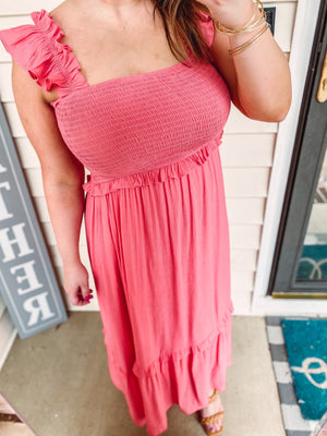 Coral Ruffle Strap Midi