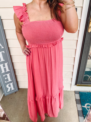 Coral Ruffle Strap Midi