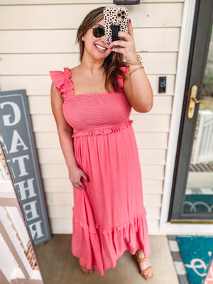 Coral Ruffle Strap Midi