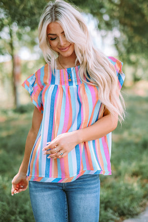 Multi Stripe Flutter Sleeve Blouse