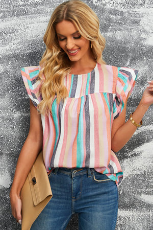 Multi Stripe Flutter Sleeve Blouse