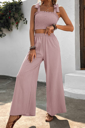 Tie Shoulder Smocked Wide Leg Pants Set (3 Colors)